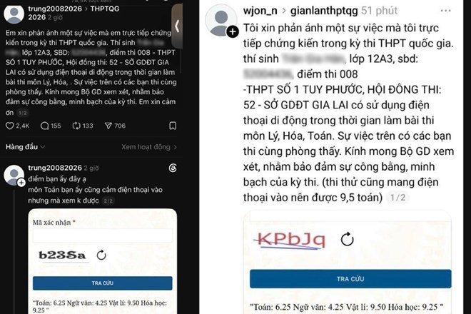 Bài đăng trên mạng xã hội Threads tố thí sinh T.G.H có dấu hiệu gian lận trong kỳ thi tốt nghiệp THPT năm 2026. Ảnh chụp màn hình