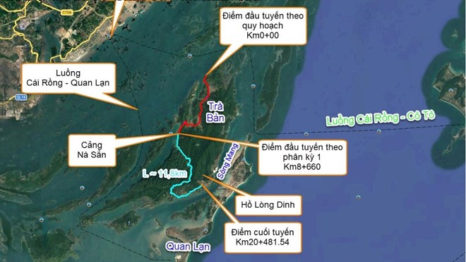 Location of the project "Renovation, upgrading and expansion of the central road of Tra Ban island". The green section of more than 11.8 km will be upgraded and expanded. Photo: Van Don Special Zone Construction Investment Project Management Board