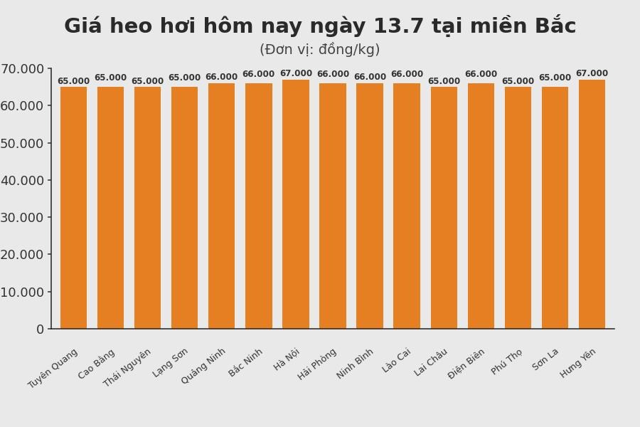 Giá heo hơi hôm nay 13.7 tại khu vực miền Bắc. Đồ họa: Thùy Linh