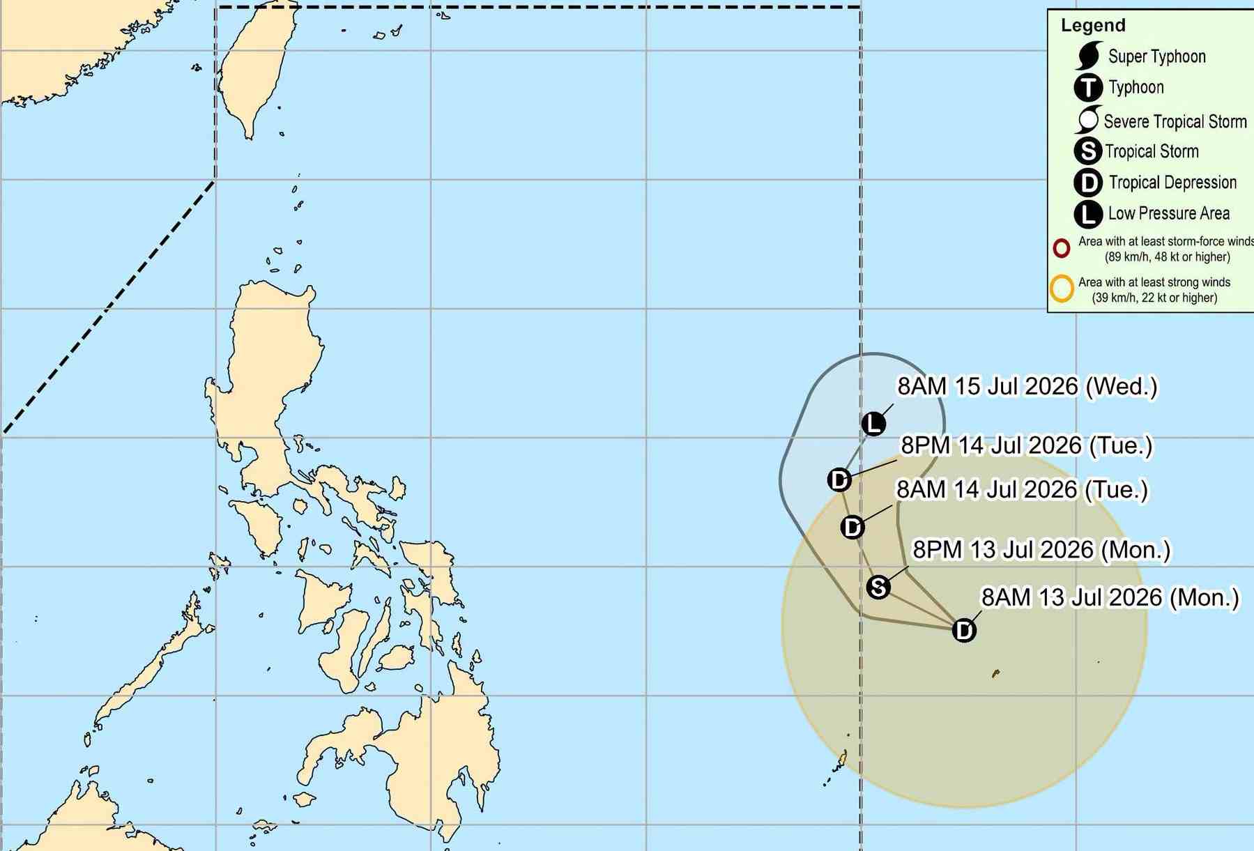 Tropical depression about to strengthen into a storm near the East Sea. Photo: PAGASA