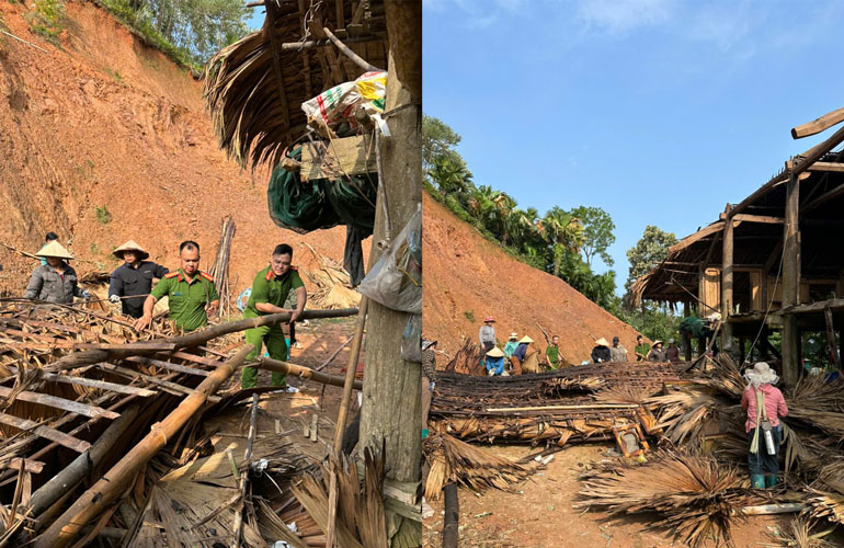 Công an xã Yên Thành hỗ trợ người dân tháo dỡ nhà sàn, di chuyển tài sản đến nơi an toàn. Ảnh: CACC