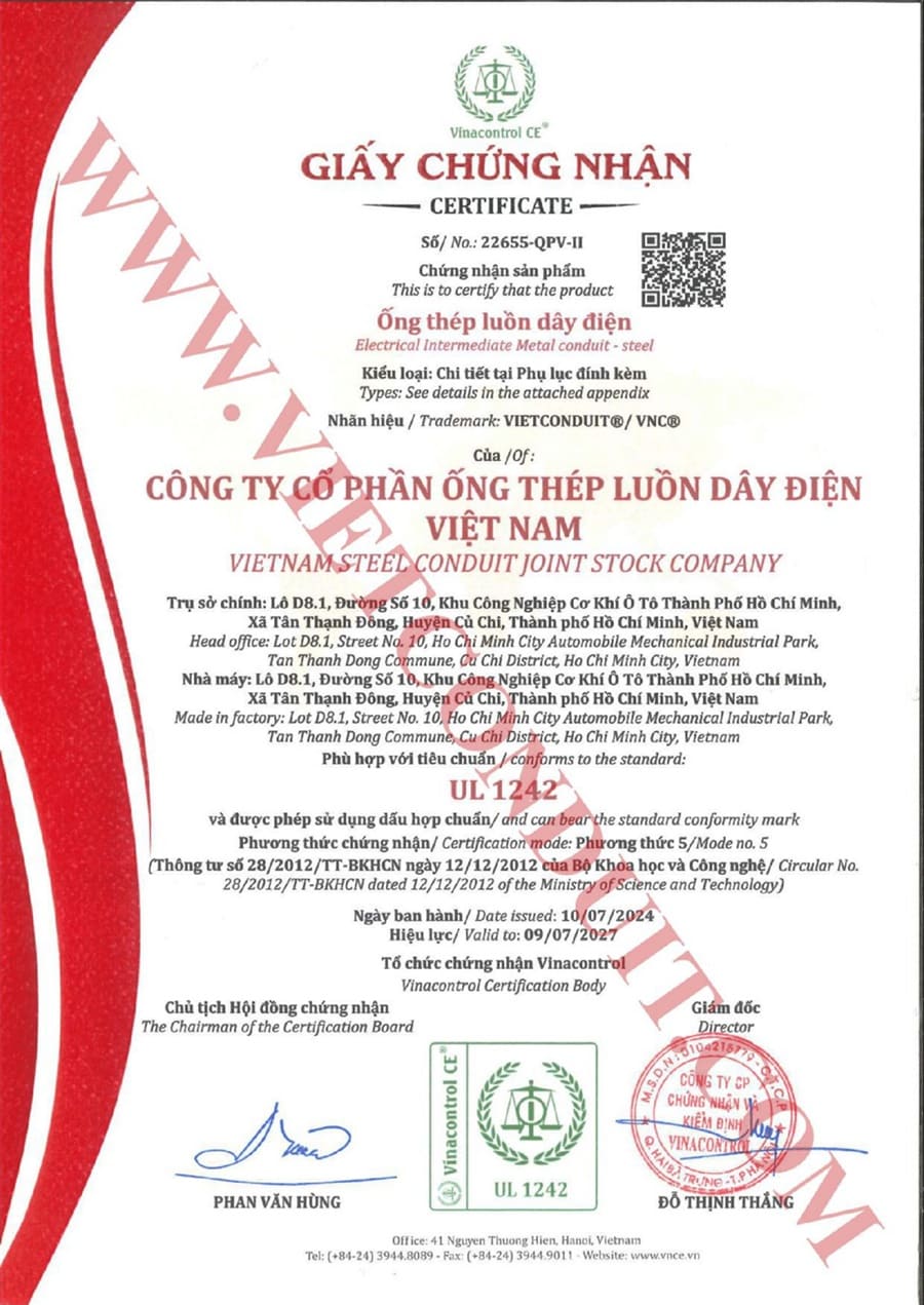 Giấy chứng nhận UL 1242 cho sản phẩm ống thép luồn dây điện của Vietconduit. Ảnh: Cát Vạn Lợi