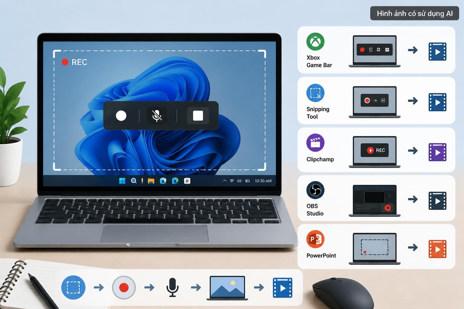 On Windows 10 and Windows 11, users can film the screen immediately using available tools or free software. Graphics: AI