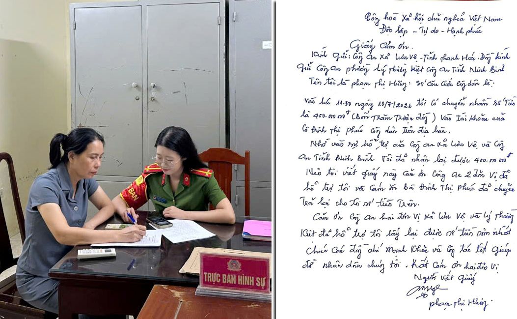 The woman received the mistakenly transferred money back and wrote a letter of thanks to the police force. Photo: Thanh Hoa Police