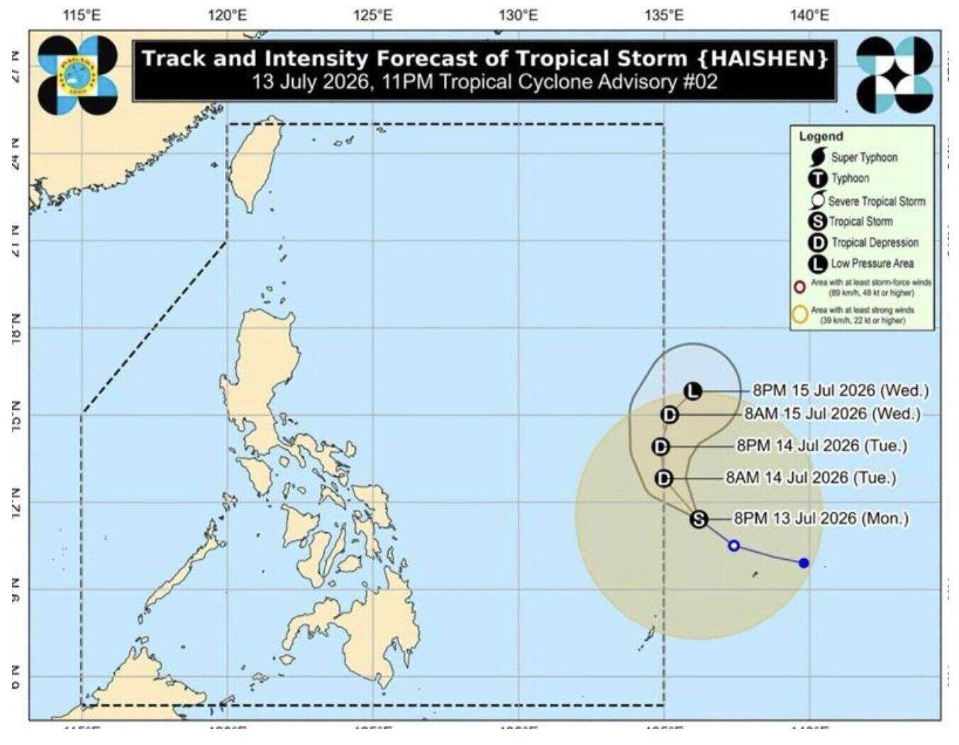 Bản đồ dự báo đường đi và cường độ của bão nhiệt đới Haishen do PAGASA công bố lúc 23h ngày 13.7 cho thấy bão sẽ di chuyển theo hướng tây bắc, suy yếu dần và ra khỏi Vùng trách nhiệm của Philippines vào ngày 15.7. Ảnh: PAGASA.