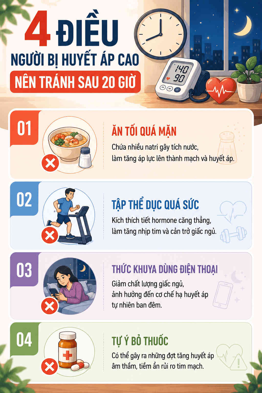 Infographic: 4 điều người bị huyết áp cao cần tránh sau 20 giờ. Duy trì thói quen uống thuốc đúng giờ và thư giãn buổi tối là giải pháp có thể hỗ trợ kiểm soát bệnh hiệu quả. Đồ họa: AI