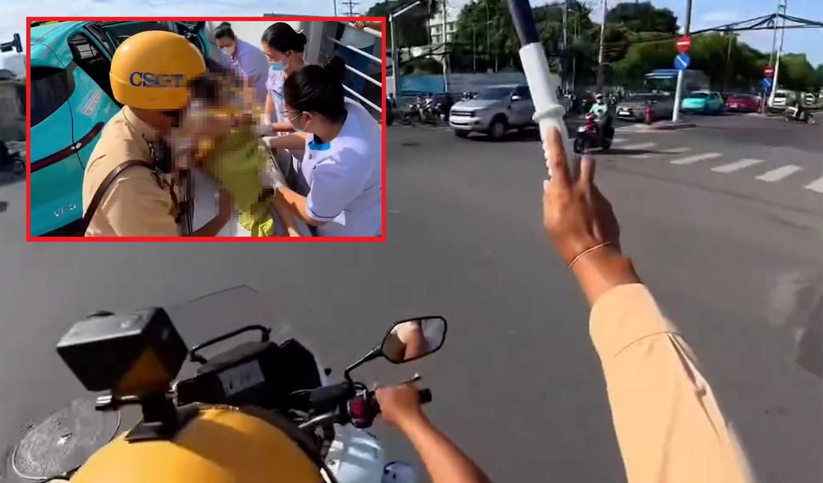 Two traffic police officers in Ho Chi Minh City pave the way to take the pregnant woman to the hospital. Photo: Traffic Police Department of Ho Chi Minh City Police