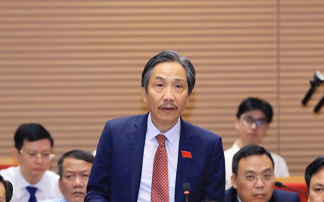 Delegate Tran Anh Tuan requested ward leaders to answer about responsibility for allowing flooding to occur during construction in Ciputra area, Khai Son Project. Photo: Hanoi People's Council