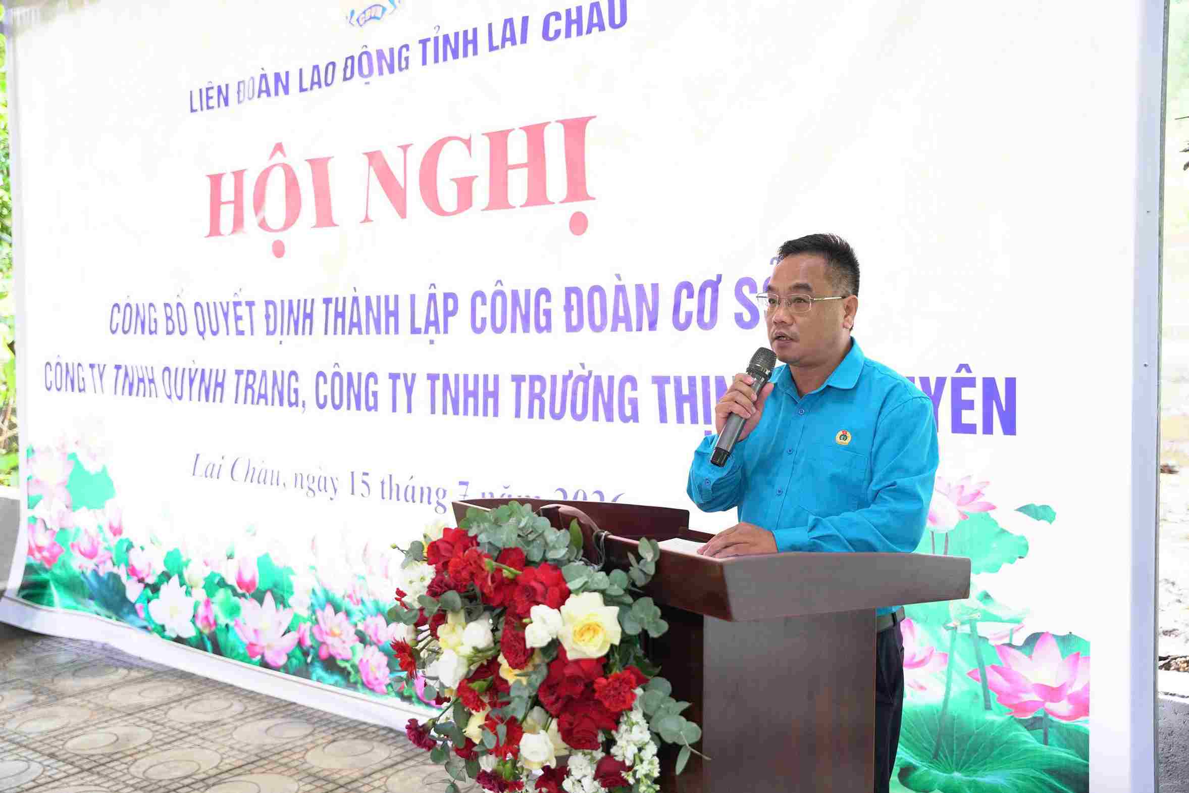Chủ tịch LĐLĐ tỉnh Lai Châu Lương Xuân Trường phát biểu tại hội nghị. Ảnh: Lưỡng Hà/LĐLĐ tỉnh Lai Châu