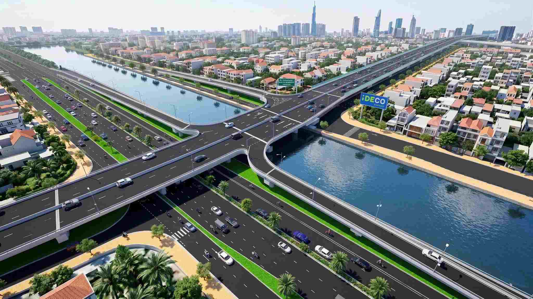 Phối cảnh dự án cầu đường Bình Tiên với phần lớn tuyến được xây dựng bằng cầu cạn. Ảnh: Minh Quân