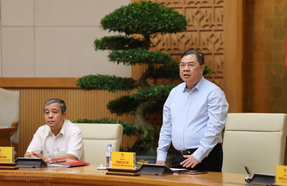 Ủy viên Bộ Chính trị, Phó Bí thư Thường trực Đảng ủy Chính phủ, Phó Thủ tướng Thường trực Chính phủ Phạm Gia Túc - Phó Trưởng Ban Chỉ đạo Bảo vệ nền tảng tư tưởng của Đảng, đấu tranh phản bác các quan điểm sai trái, thù địch (Ban Chỉ đạo 35) Trung ương, Trưởng Ban Chỉ đạo 35 Đảng ủy Chính phủ phát biểu tại cuộc làm việc. Ảnh: VGP