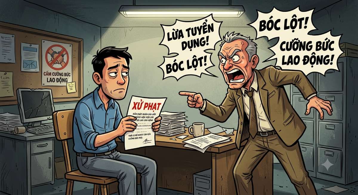 Acts of luring, seducing, and deceiving workers, recruiting them for the purpose of exploitation and forced labor can be fined up to 75 million VND. Photo: Huong Nha (Graphics supported by AI tools)
