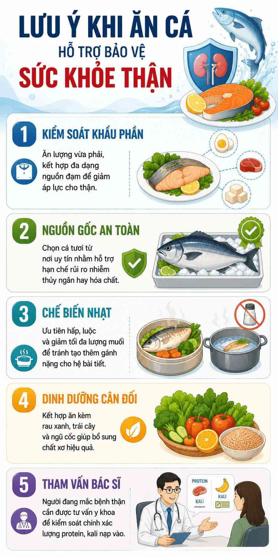 Infographic: Lưu ý khi ăn cá bảo vệ thận. Chế biến nhạt, kiểm soát lượng đạm và kết hợp nhiều rau xanh là nguyên tắc quan trọng giúp giảm áp lực cho hệ bài tiết. Đồ họa: AI