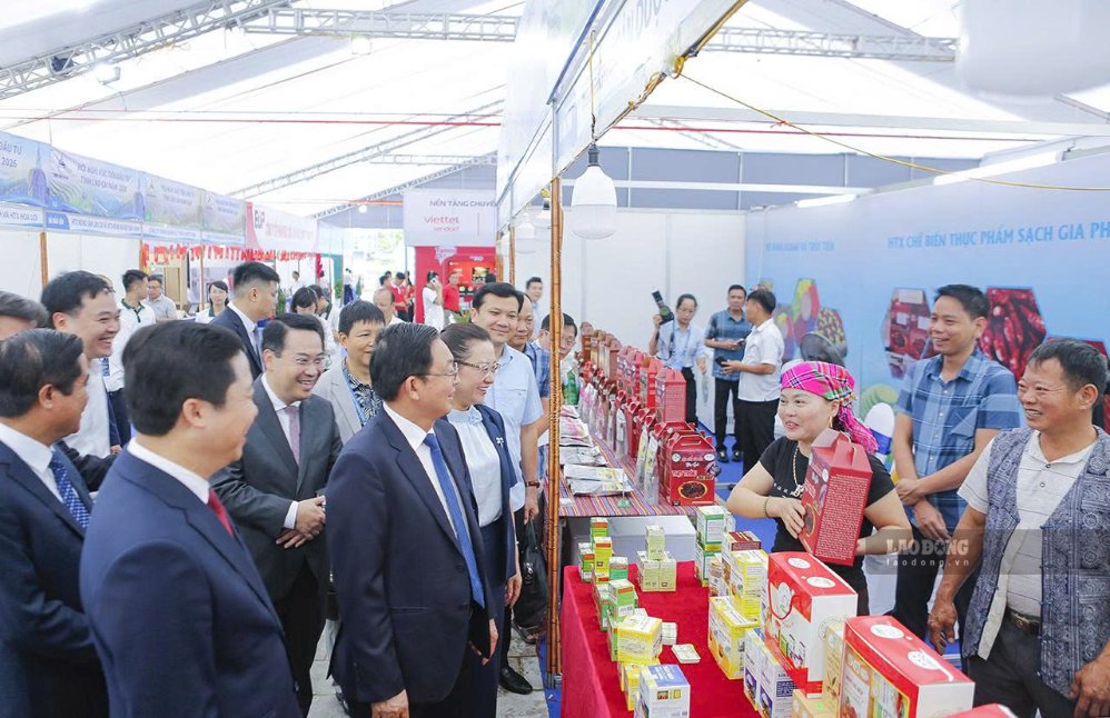 Booths displaying OCOP products, key products of Lao Cai province. Photo: Tuan Vu