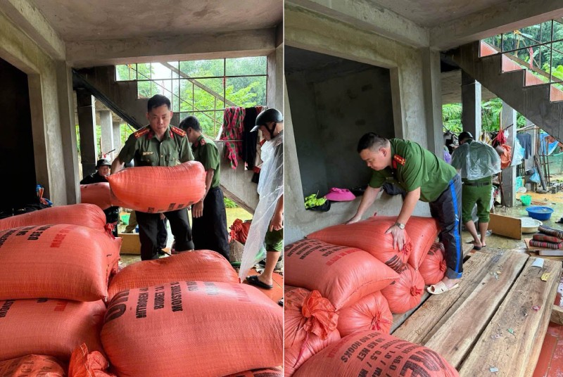 Lực lượng công an giúp người dân di dời tài sản. Ảnh: Công an Lai Châu