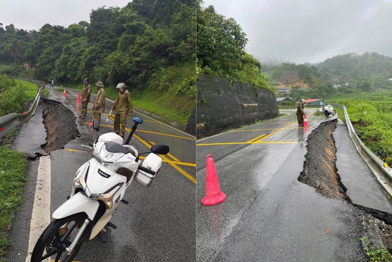 Landslide point on National Highway 279 through Dien Bien. Photo: Na Tau Commune Police