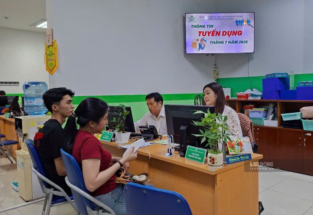 Los trabajadores reciben asesoramiento laboral en el Centro de Servicios de Empleo de la ciudad de Can Tho. Foto: Huong Nha