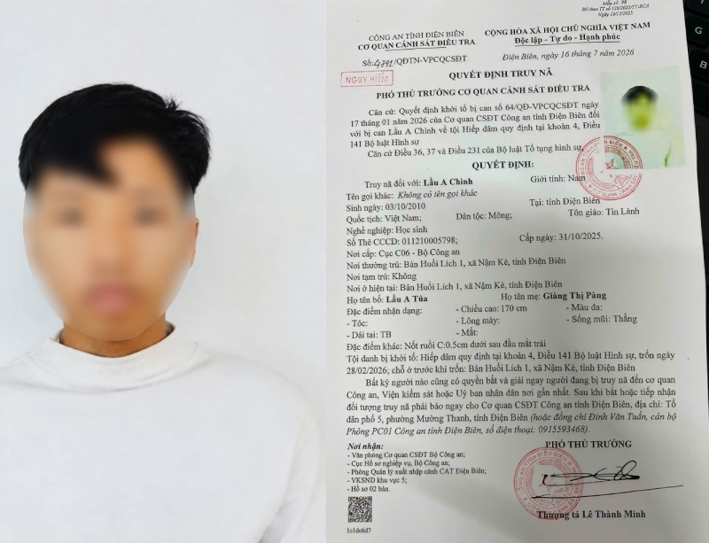 Công an tỉnh Điện Biên truy nã bị can Lầu A Chình vì tội hiếp dâm. Ảnh: Công an Điện Biên