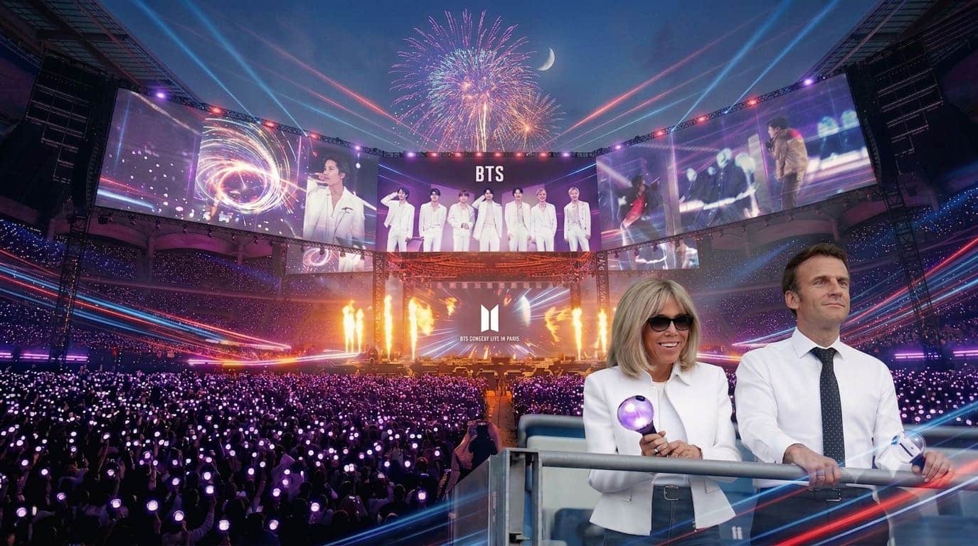 French President Emmanuel Macron and First Lady immerse themselves in BTS concert. Photo created by AI Gemini