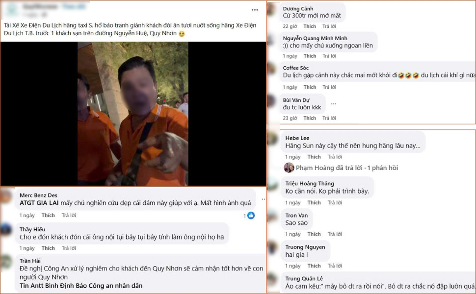 Vụ việc nhóm tài xế xe điện du lịch xảy ra cự cãi trong quá trình đón khách du lịch ở Quy Nhơn lan truyền trên mạng xã hội Facebook. Ảnh chụp màn hình