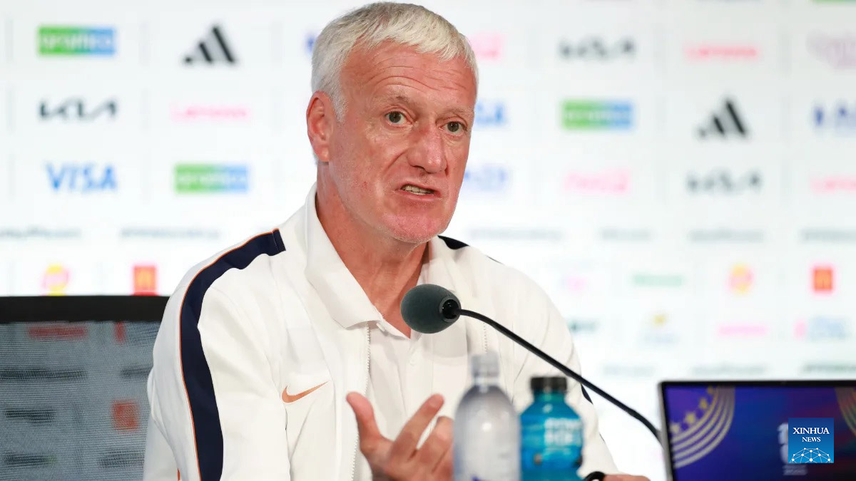 Didier Deschamps at a press conference before the World Cup 2026 third-place match. Photo: Xinhua