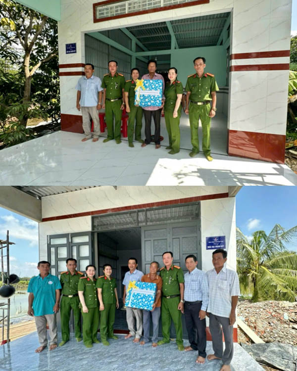 Đại diện Công an xã Đầm Dơi (Cà Mau), chính quyền địa phương và đơn vị thi công chụp ảnh lưu niệm cùng gia đình được hỗ trợ. Ảnh: Cổng TTĐT Công an tỉnh Cà Mau