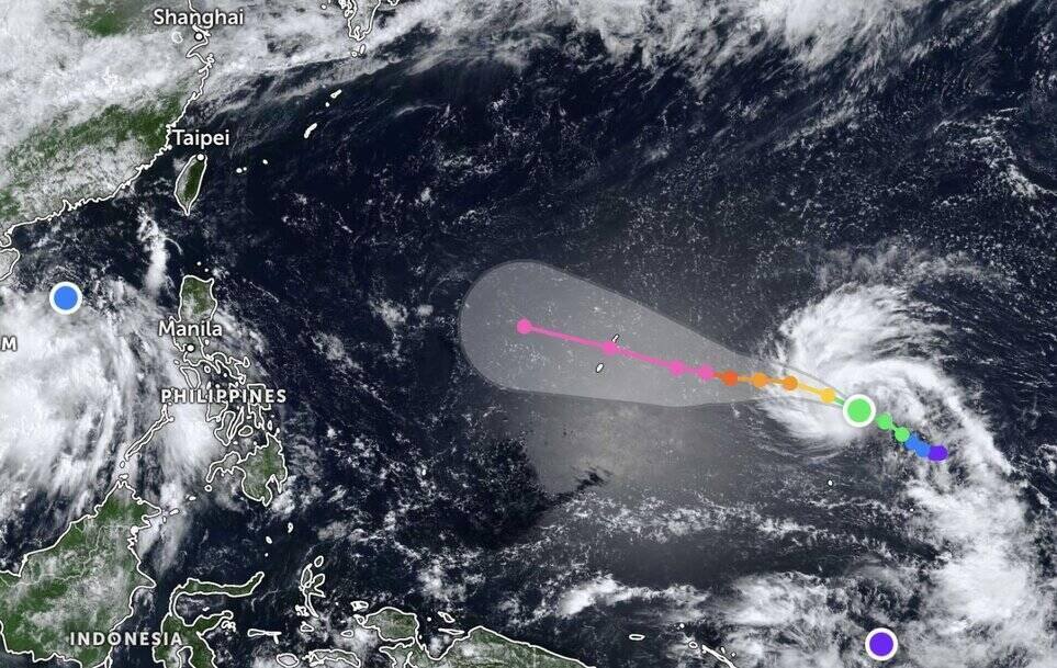 Typhoon Ba Vi (pink) is forecast to rapidly strengthen into a super typhoon this weekend. Photo: Zoom Earth
