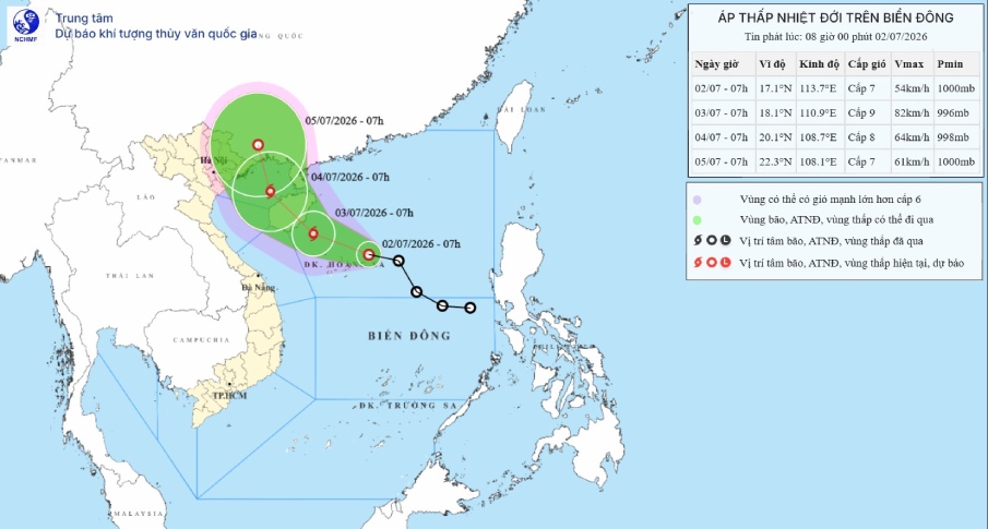 Updated at 8:00 am on July 2nd on the location and path of the tropical depression, likely to strengthen into storm No. 1 in the next 24 hours. Source: National Center for Hydro-Meteorological Forecasting