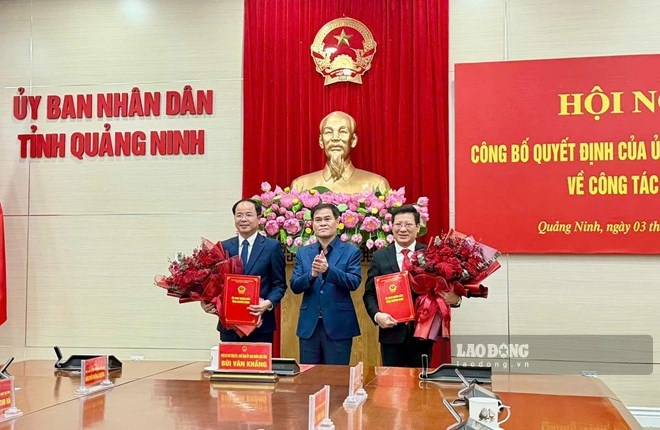 Chairman of Quang Ninh Provincial People's Committee Bui Van Khang presents the decision to Mr. Nguyen Viet Dung and Mr. Le Ngoc Thanh. Photo: Doan Hung