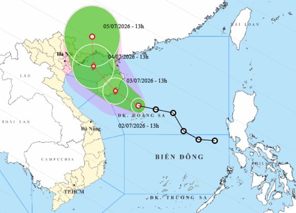 Cập nhật hướng di chuyển của áp thấp nhiệt đới trên Biển Đông. Ảnh: Trung tâm Dự báo Khí tượng Thủy văn quốc gia