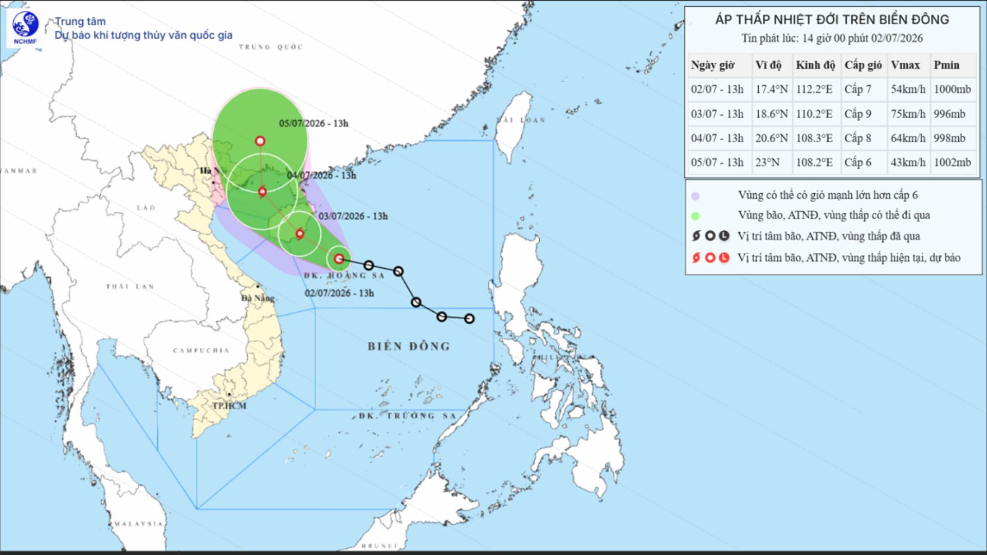 Mise à jour à 14h le 2 juillet sur la position et la trajectoire de la dépression tropicale susceptible de se transformer en tempête n° 1 dans les prochaines 24 heures. Source: Centre national de prévisions hydrométéorologiques
