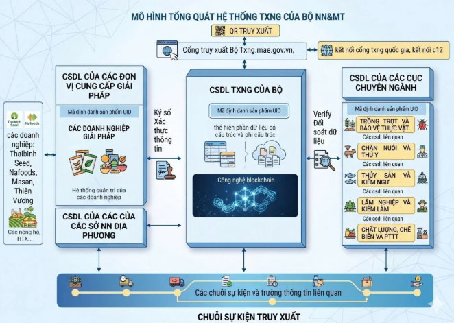 Mô hình tổng quát hệ thống truy xuất nguồn gốc nông sản Bộ Nông nghiệp và Môi trường. Ảnh: Cục Chuyển đổi số.