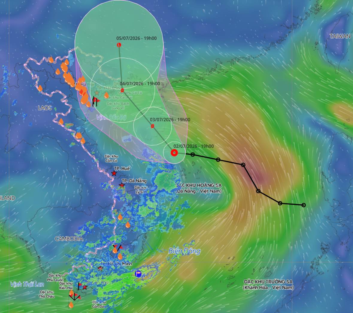 Updated at 8:00 PM on July 2nd on the location and path of the low pressure area about to strengthen into storm No. 1. Source: Vietnam Disaster Monitoring System