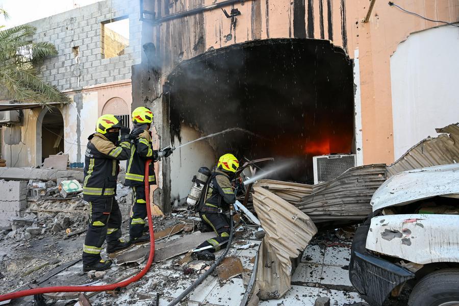 Bahrain Civil Defense forces extinguish a fire caused by debris from intercepted Iranian UAVs falling in Hamad town, Bahrain, June 11, 2026. Photo: Xinhua