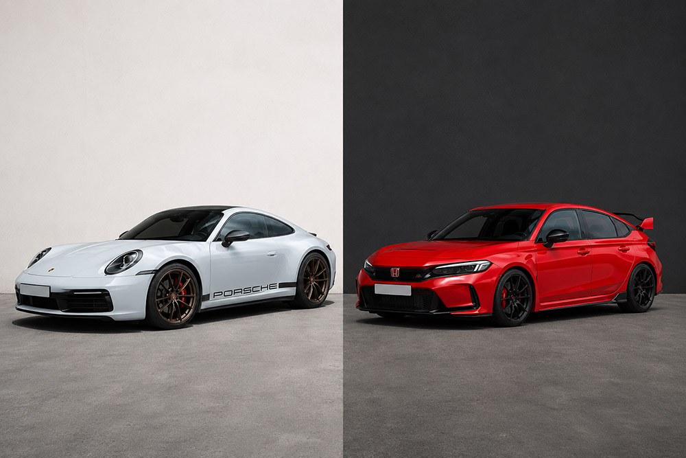 Two Porsche 911 and Honda Civic Type R models. Graphics: Thanh Vu/With AI support