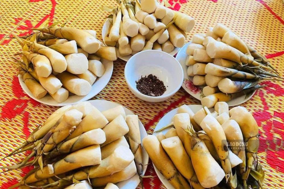 Măng lay luộc chấm với chẳm chéo ướt, hương vị đậm chất núi rừng Sơn La. Ảnh: Trường Sơn