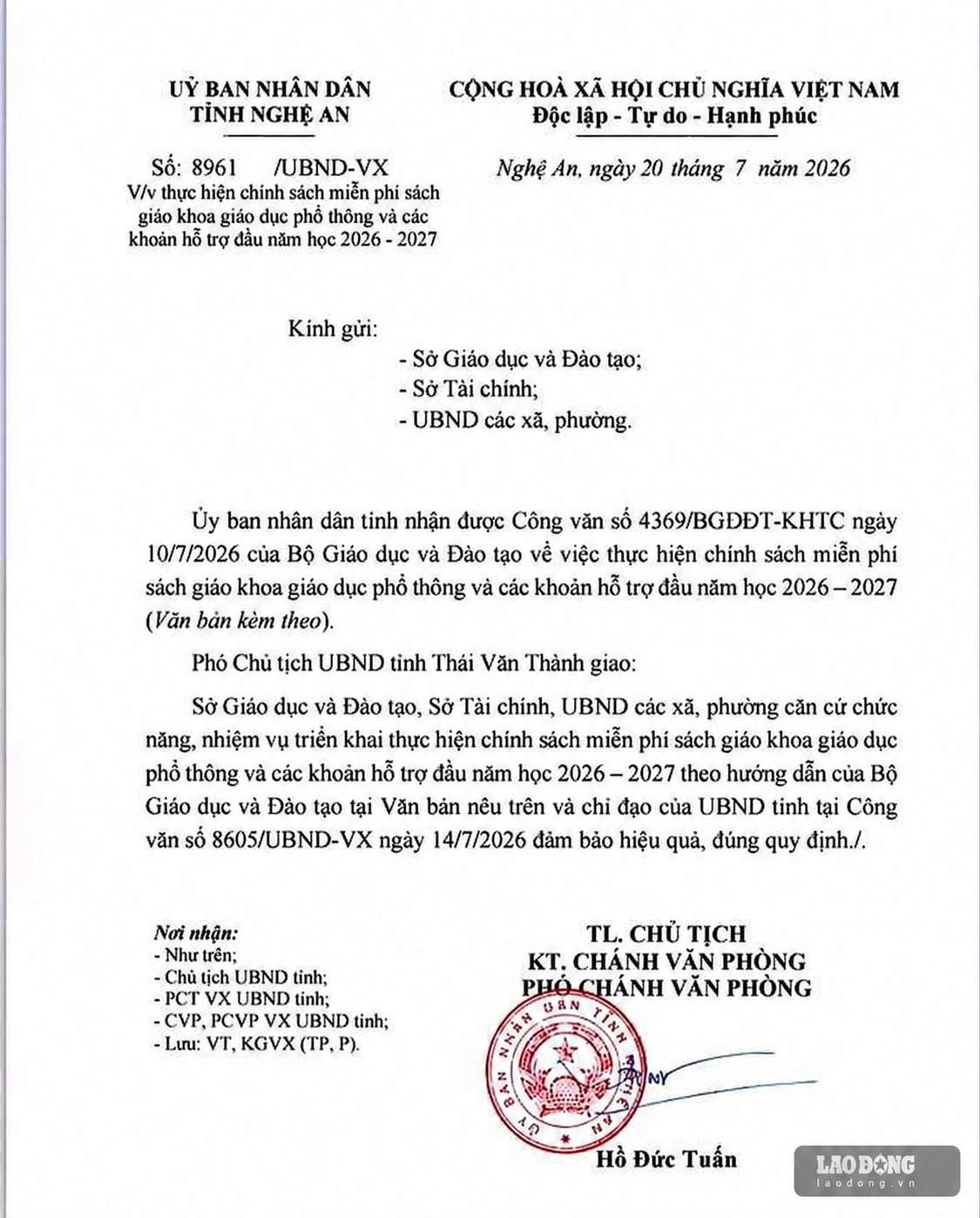 Công văn số 8961/UBND-VX của UBND tỉnh Nghệ An về việc thực hiện chính sách miễn phí sách giáo khoa giáo dục phổ thông và các khoản hỗ trợ đầu năm học 2026-2027. Ảnh: Duy Chương