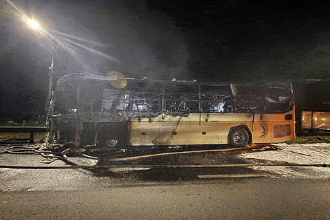 Images of a passenger car with its frame exposed after a fire that killed 7 people