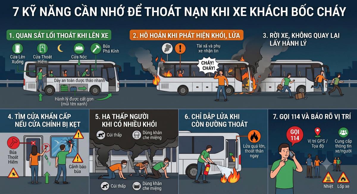 7 skills to remember to escape when a passenger car catches fire. Photo created from AI