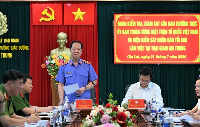 Phó Viện trưởng Viện KSND tối cao Trần Hải Quân phát biểu kết luận buổi kiểm tra, giám sát. Ảnh: Tấn Thành