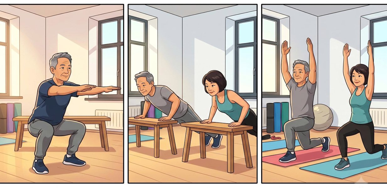 Performing some simple exercises at home helps people over 50 gain muscle and whole body tonedness. Photo created from AI