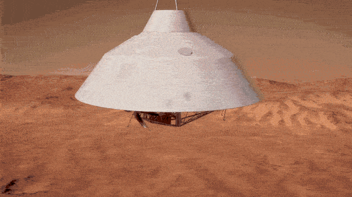 Simulation of the US nuclear spacecraft SR-1 Freedom deploying robotic helicopters to the surface of Mars in the SkyFall program. Photo: NASA