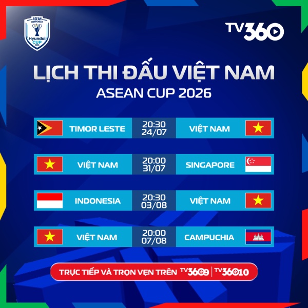 Lịch thi đấu tuyển Việt Nam tại ASEAN Cup 2026. Ảnh: TV360
