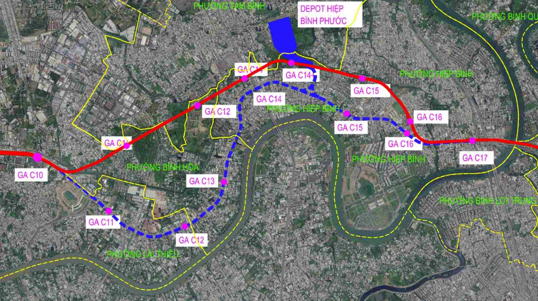 Đoạn Metro Thủ Dầu Một - TPHCM sẽ đi theo đường màu đỏ thay vì đi dọc Quốc lộ 13 (đường màu xanh). Ảnh: MAUR