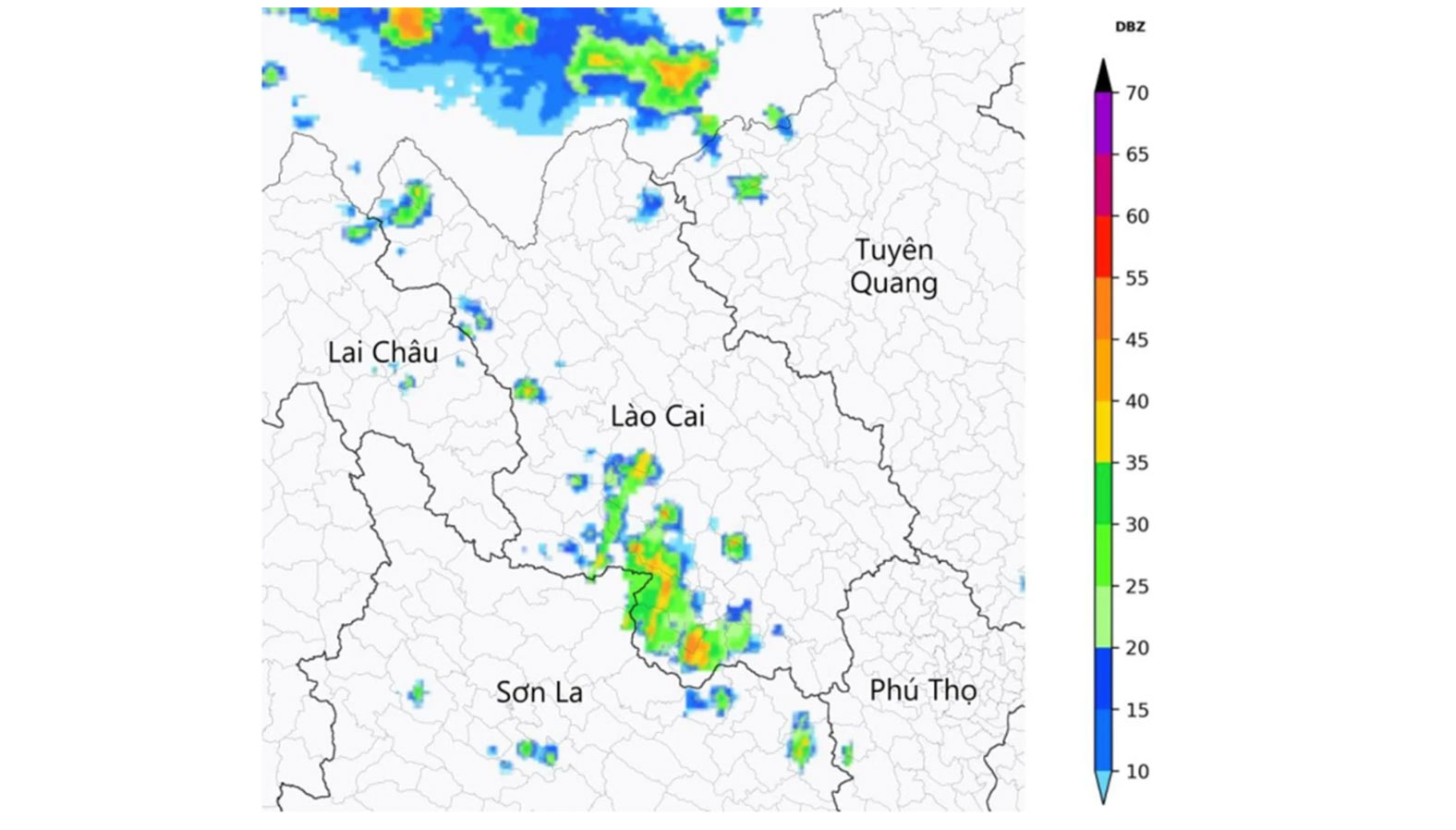 Ảnh radar thời tiết tỉnh Lào Cai lúc 13h20 ngày 22.7. Nguồn: Trung tâm Mạng lưới KTTV Quốc gia