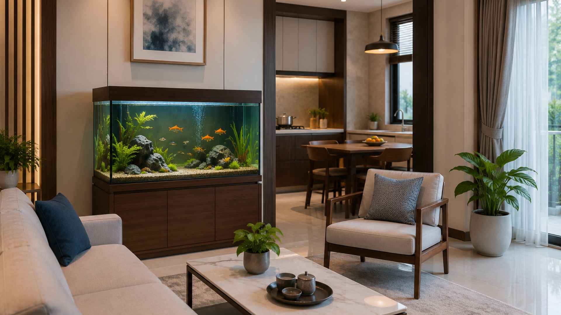 Bể cá có kích thước phù hợp giúp tạo điểm nhấn cho phòng khách mà vẫn đảm bảo hài hòa với không gian sống. (Ảnh có sự hỗ trợ của AI)