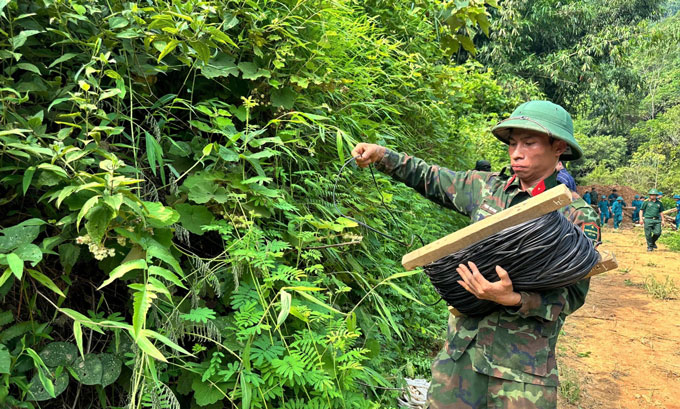 Triển khai dây dẫn từ quả bom đến vị trí kích hoạt hủy nổ từ xa.