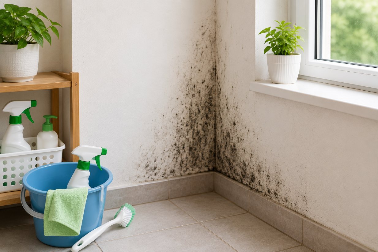 Regularly cleaning walls and damp areas helps limit mold growth in the house. Photo created by AI