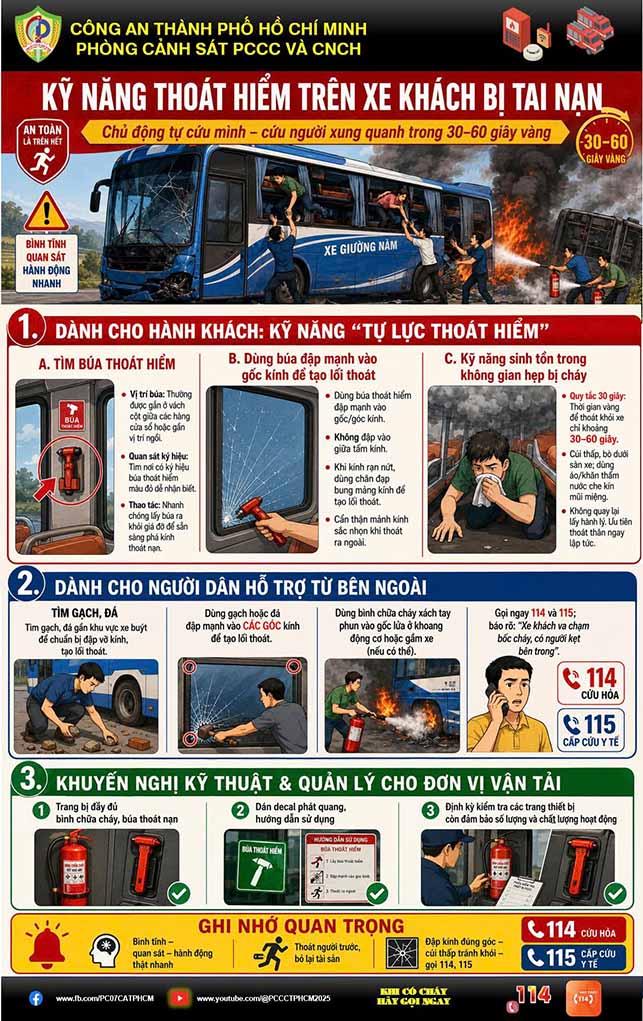 Công an TPHCM hướng dẫn kỹ năng thoát nạn trên xe khách khi gặp sự cố. Ảnh: Phòng Cảnh sát PCCC và CNCH - Công an Thành phố Hồ Chí Minh