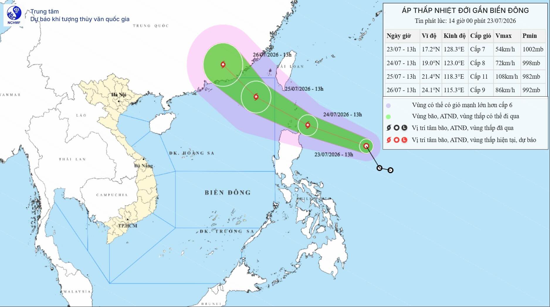 熱帯低気圧の位置と進路、台風に発達する可能性に関する7月23日午後2時の最新情報。写真:国家水文気象予報センター